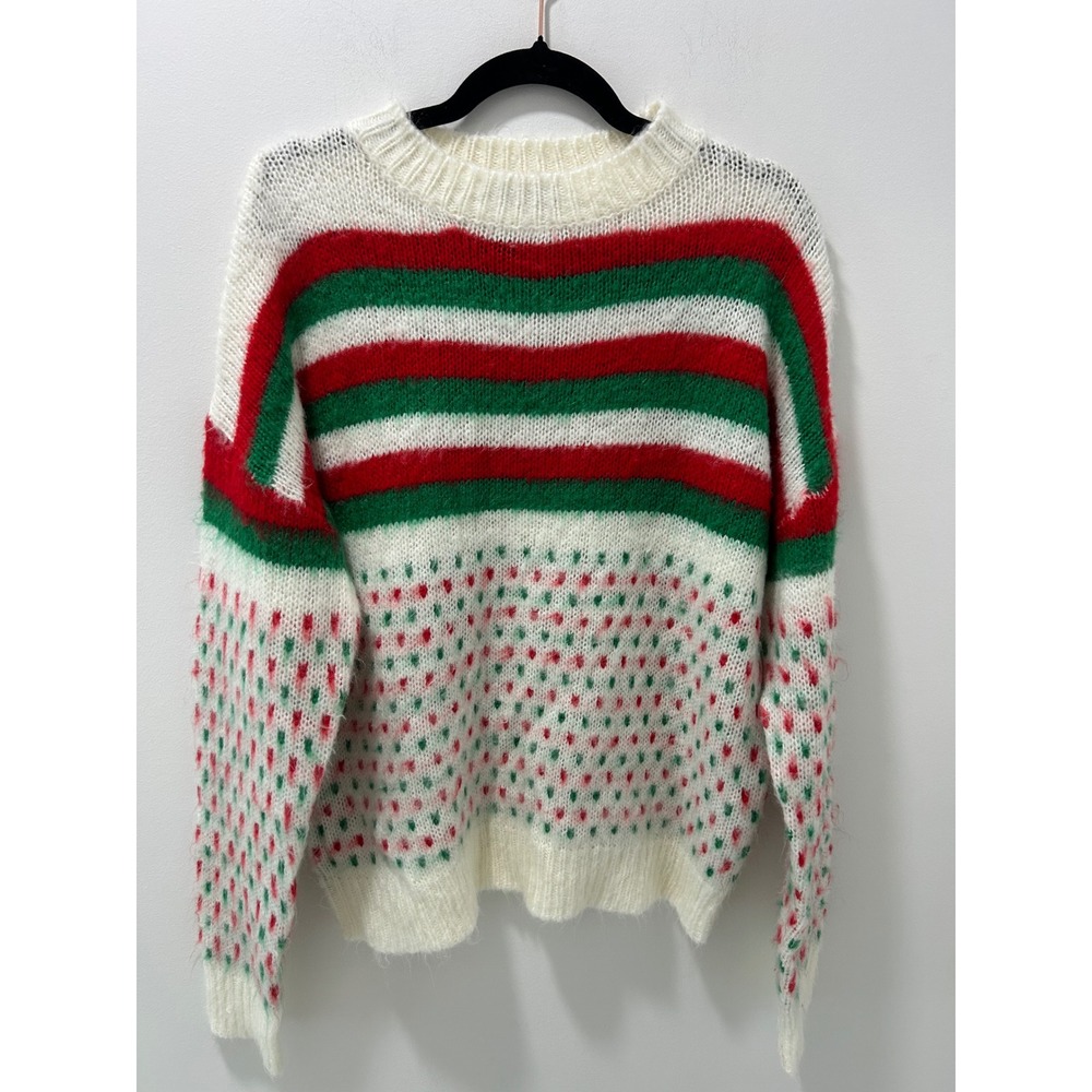 Emery Rose Womens Large Christmas Sweater Red Green Striped Fuzzy Knit Pullover